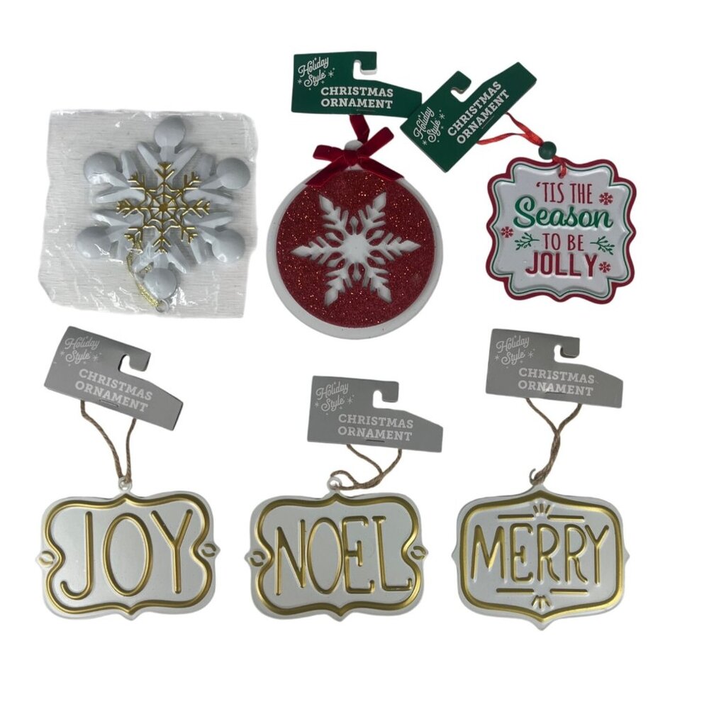 Holiday Style 6 Pc Christmas Ornaments Set Joy Noel Merry Tin Hanging